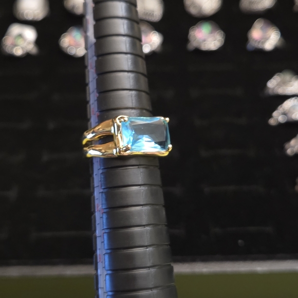 14K Gold Plated Emerald Cut Blue Statement Ring - Picture 6 of 6
